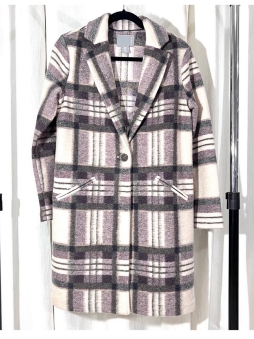 Kenar Plaid Wool Blend Coat Jacket XS – Single Button, Longline, Soft Neutrals